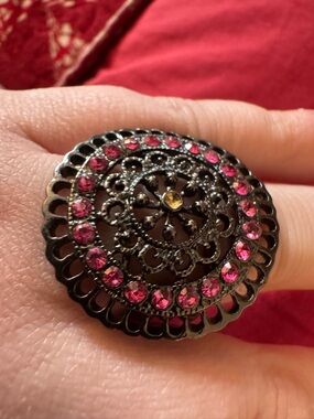 Black Ring with Pink Crystal Accents